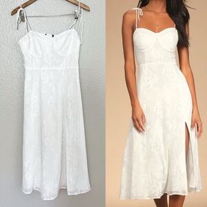 Loveliest Looks White Floral Jacquard Tie-Strap Midi Dress